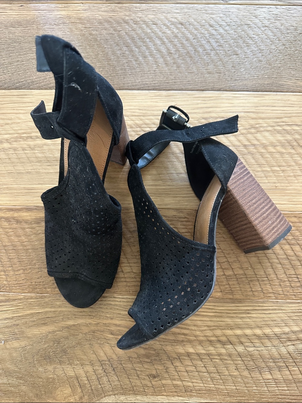 Black Suede Peep-Toe Block Heel Sandals with Ankle Strap!